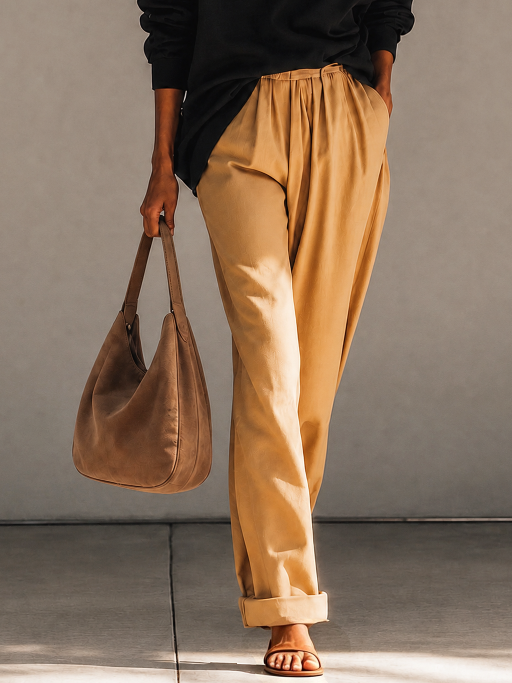 Oversized Black Henley Polo Long Sleeve Top & Khaki Elastic Waist Wide Leg Pants Two Piece Set