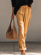 Oversized Black Henley Polo Long Sleeve Top & Khaki Elastic Waist Wide Leg Pants Two Piece Set