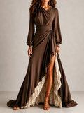 Wrap V Neck Lantern Sleeve Two-Layer Ruffle Slit Maxi Formal Dress