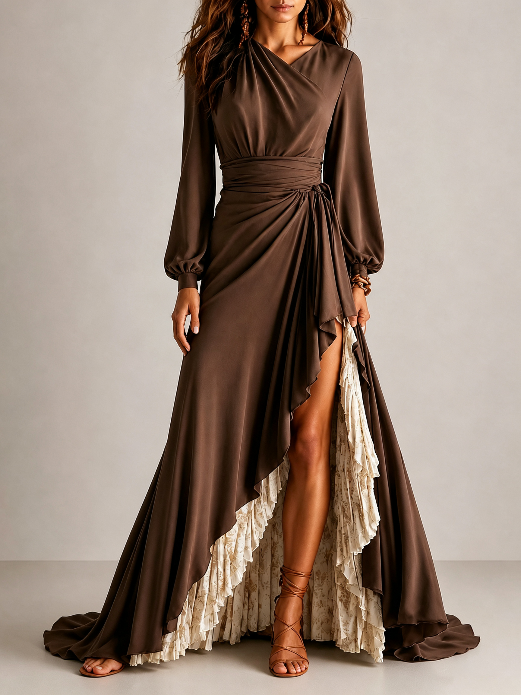 Wrap V Neck Lantern Sleeve Two-Layer Ruffle Slit Maxi Formal Dress