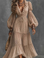 Khaki Ruffled V Neck Lantern Sleeve Tiered Maxi Dress Chiffon Boho Vacation Dress