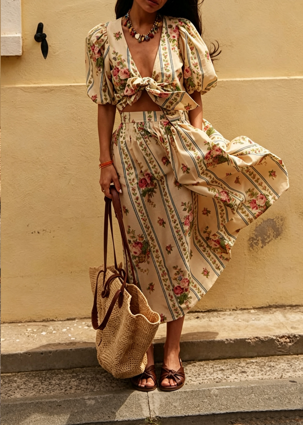 Beige Floral Print Bow Tie Crop Top Midi Skirt Set