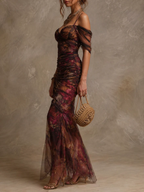 Brown Floral Print Fitted Mermaid Elegant Maxi Dress