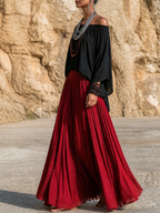 Red Pleated Flowy Maxi Skirt Black Off Shoulder Top Set