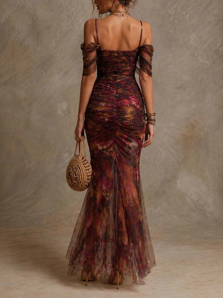 Brown Floral Print Fitted Mermaid Elegant Maxi Dress