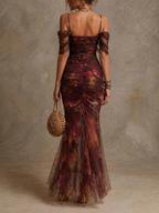 Brown Floral Print Fitted Mermaid Elegant Maxi Dress