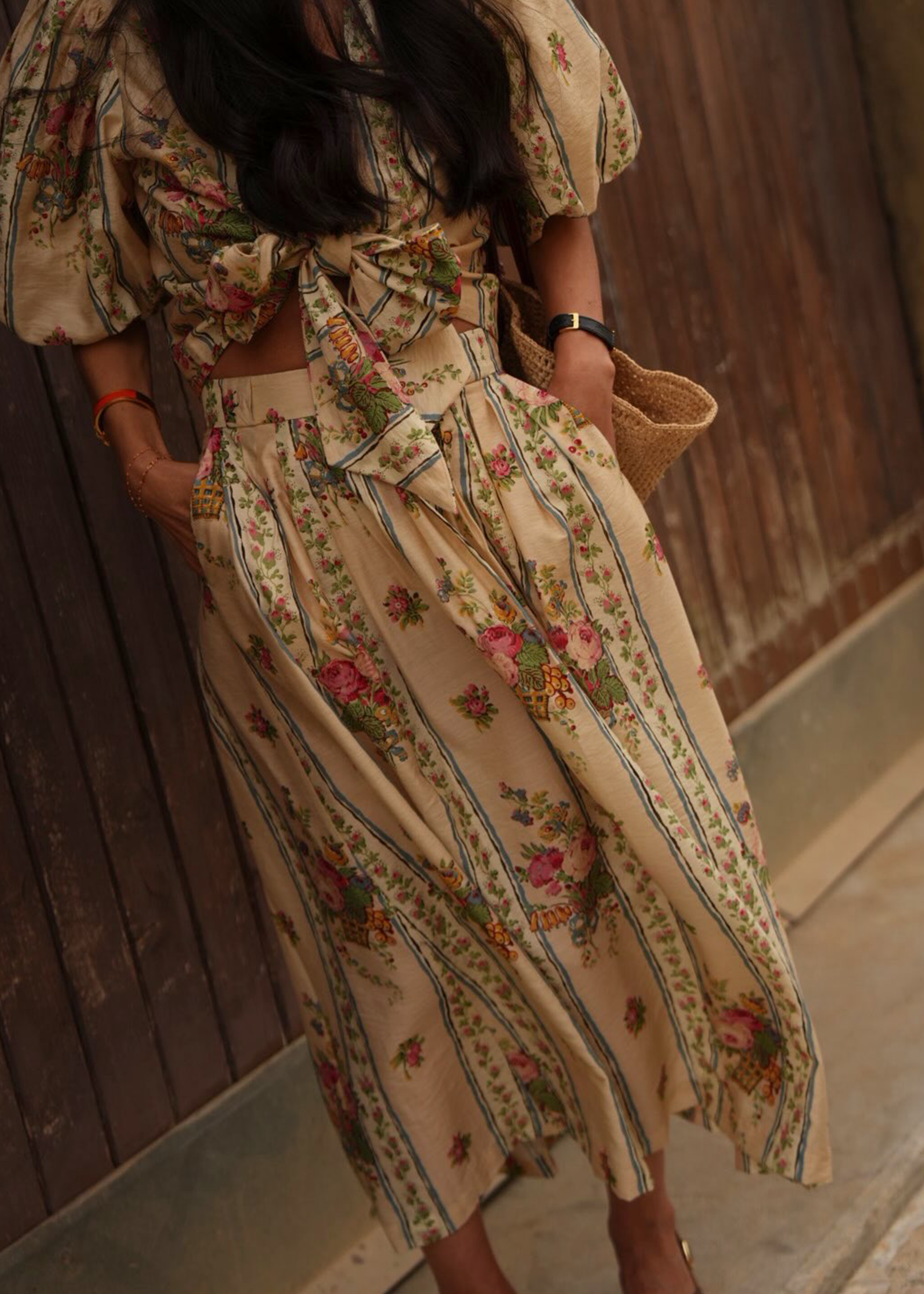 Beige Floral Print Bow Tie Crop Top Midi Skirt Set