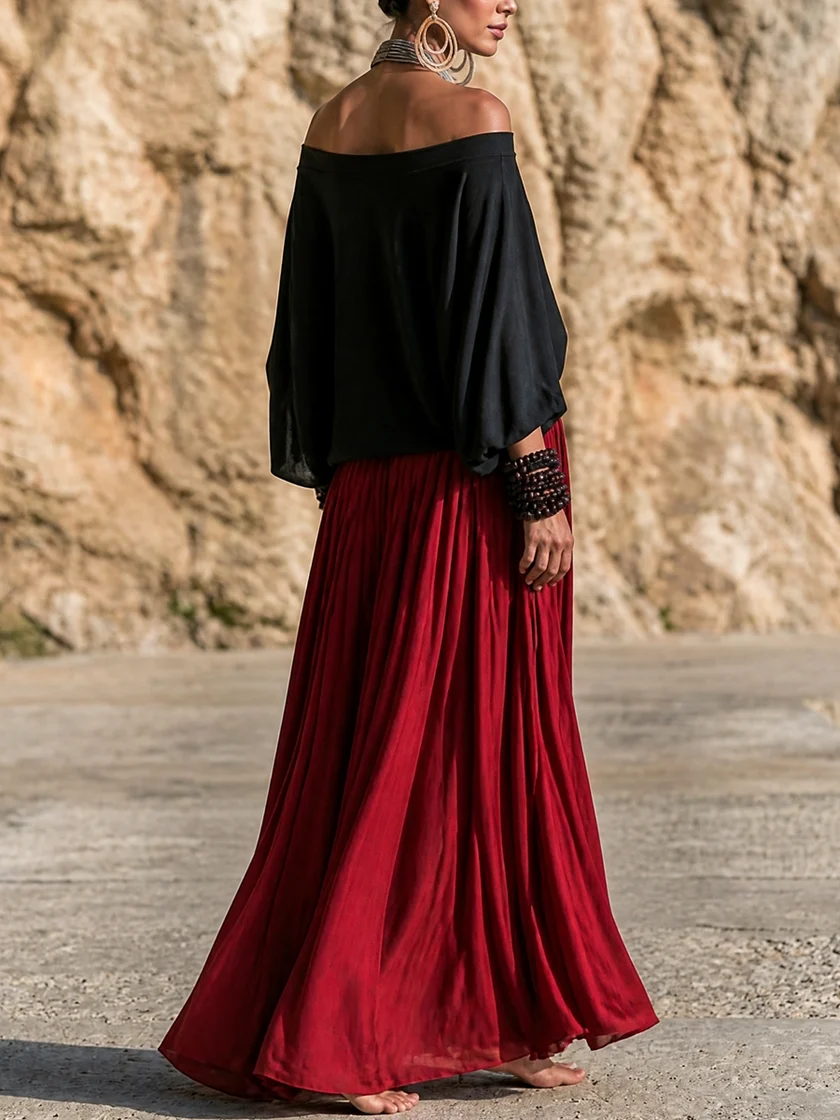 Red Pleated Flowy Maxi Skirt Black Off Shoulder Top Set