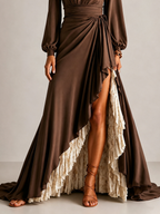 Wrap V Neck Lantern Sleeve Two-Layer Ruffle Slit Maxi Formal Dress