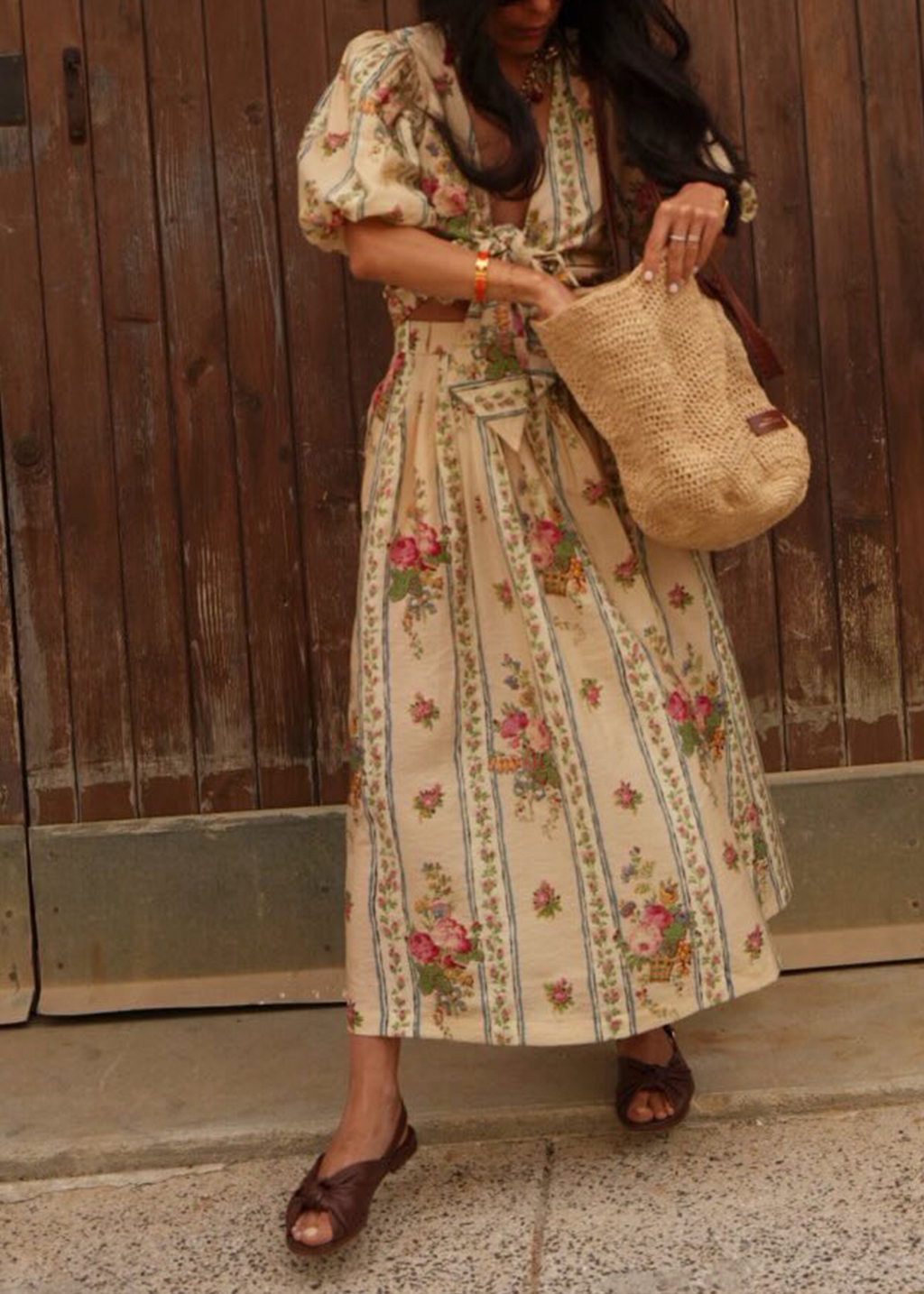 Beige Floral Print Bow Tie Crop Top Midi Skirt Set