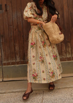 Beige Floral Print Bow Tie Crop Top Midi Skirt Set