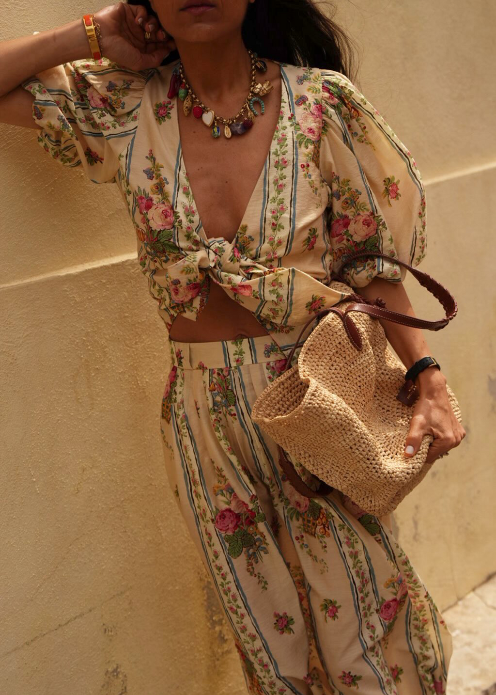 Beige Floral Print Bow Tie Crop Top Midi Skirt Set