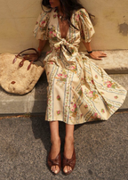 Beige Floral Print Bow Tie Crop Top Midi Skirt Set