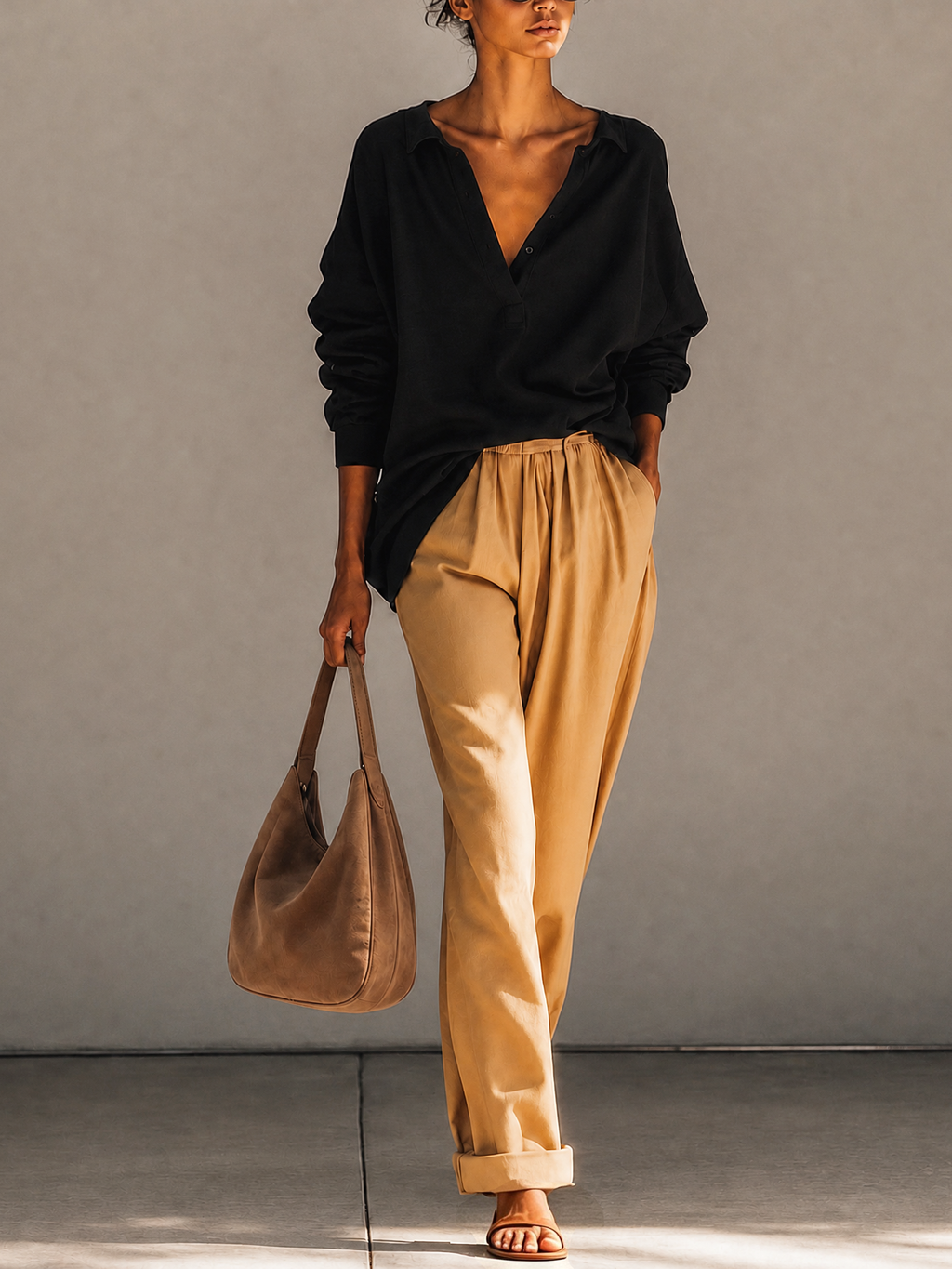 Oversized Black Henley Polo Long Sleeve Top & Khaki Elastic Waist Wide Leg Pants Two Piece Set