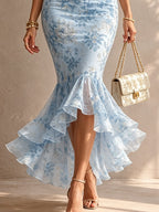 Blue Romantic Floral Midi Mermaid Dress with Lace Trim
