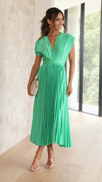 Elegant Satin Pleated V-neck Flowing Midi Dress