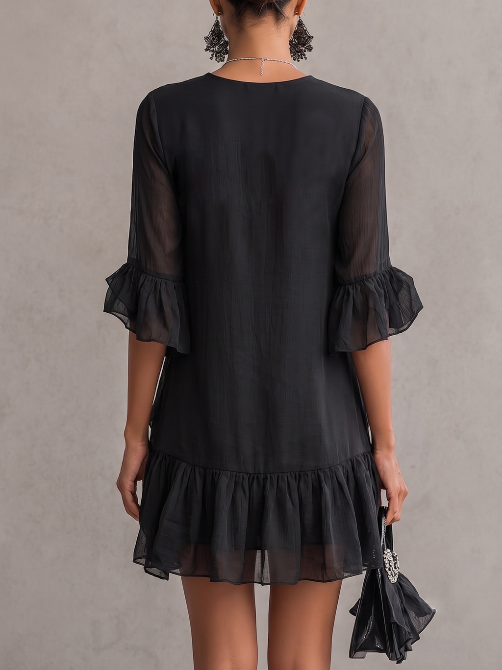 Black Ruffled Chiffon Lace Mini Dress