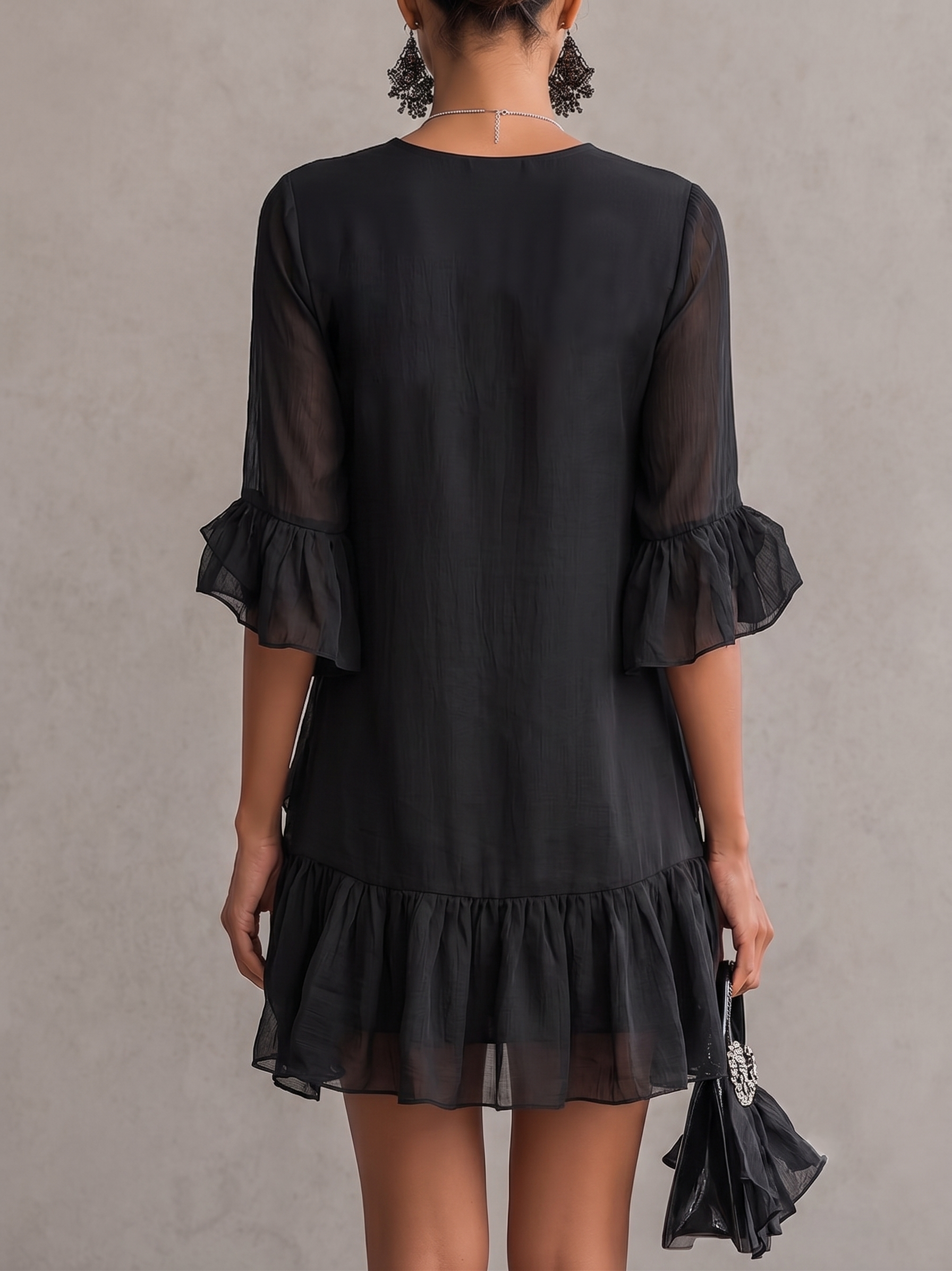 Black Ruffled Chiffon Lace Mini Dress