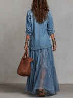 Blue Faux Denim Shirt Collar With Sheer Pockets Maxi Dress