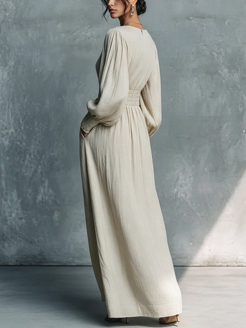 Beige Textured V-Neck Lantern Sleeve Smocked Waist Side Pocket Maxi Dress