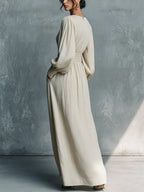 Beige Textured V-Neck Lantern Sleeve Smocked Waist Side Pocket Maxi Dress