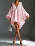 Baby Pink Chffion Deep V Cold Shoulder Mini Dress Puffy Balloon Sleeve Babydoll Party Dress