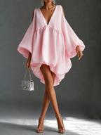 Baby Pink Chffion Deep V Cold Shoulder Mini Dress Puffy Balloon Sleeve Babydoll Party Dress