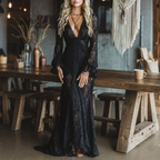 Gothic Black Lace Fitted V-Neck Flared Sleeve Maxi Dress
