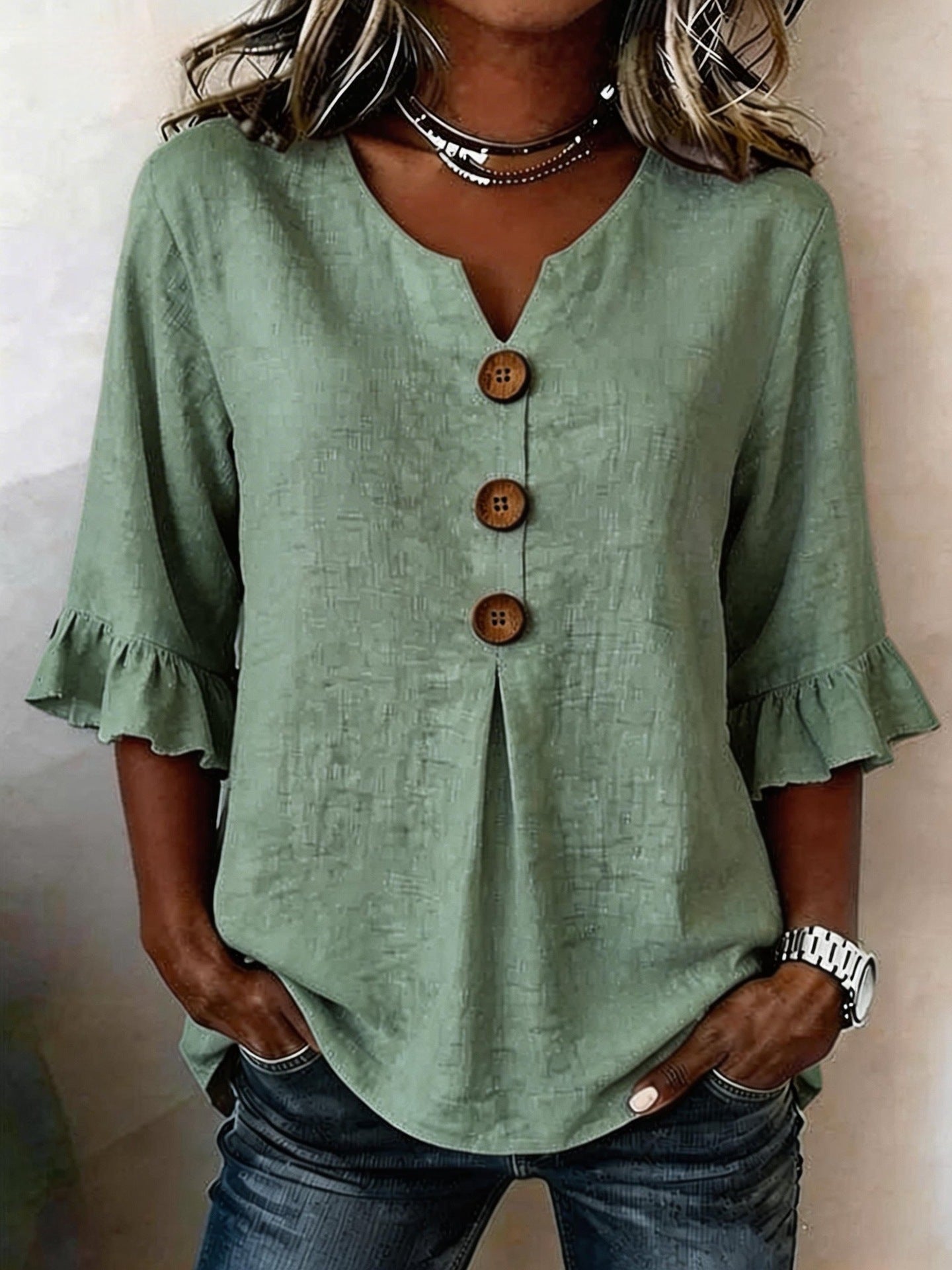 Solid V-Neck Button Ruffle Half Sleeve Casual Top