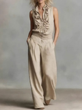 Beige Ruffle Sleeveless Top Wide Leg Pant Set