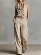 Beige Ruffle Sleeveless Top Wide Leg Pant Set