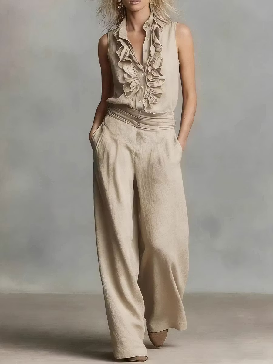 Beige Ruffle Sleeveless Top Wide Leg Pant Set