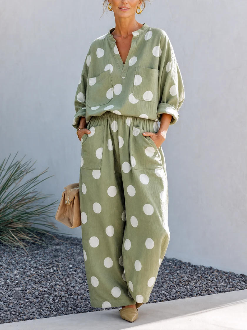 Green Polka Dot V Neck Loose Pant Casual Set