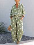 Green Polka Dot V Neck Loose Pant Casual Set