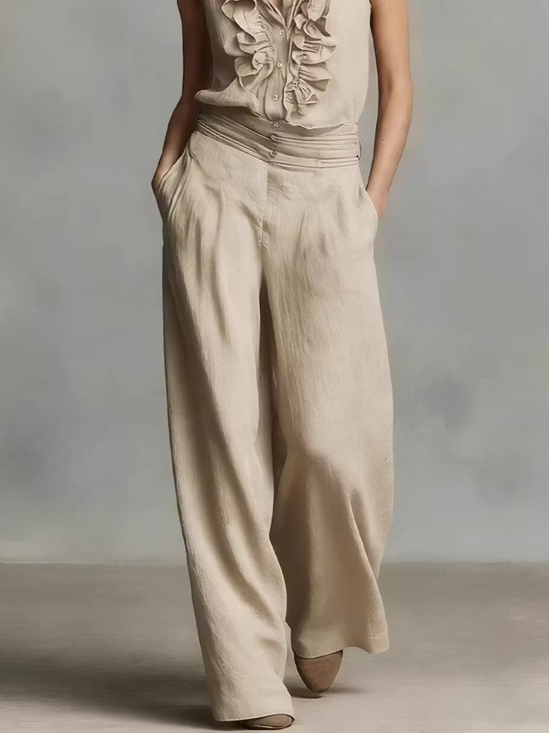 Beige Ruffle Sleeveless Top Wide Leg Pant Set