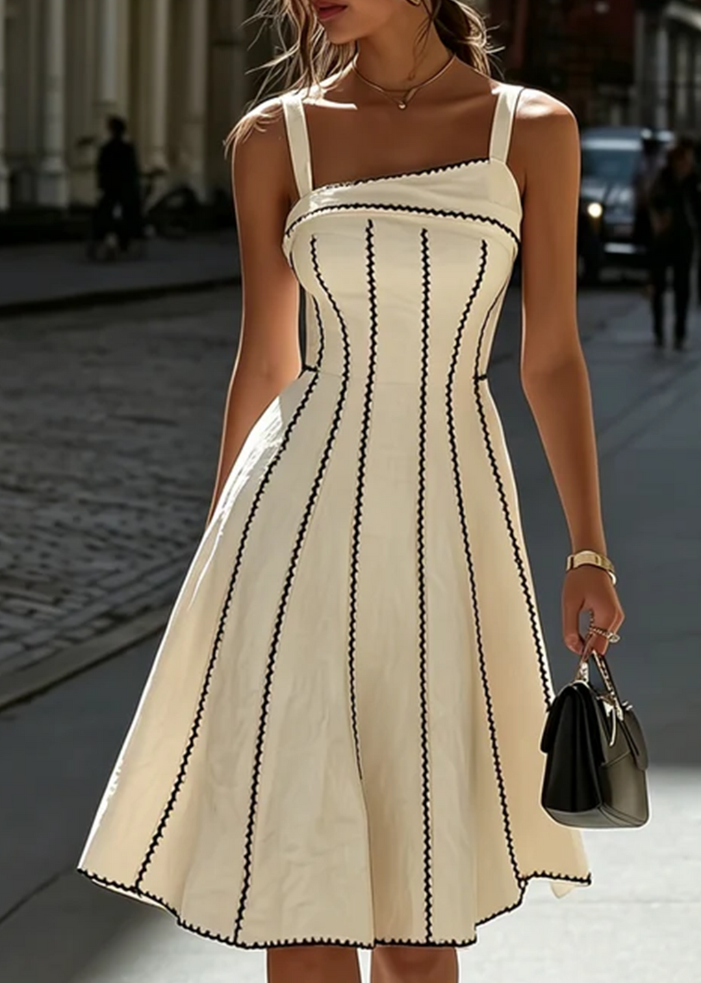 Elegant White Cami Midi Dress Black Stitch Design