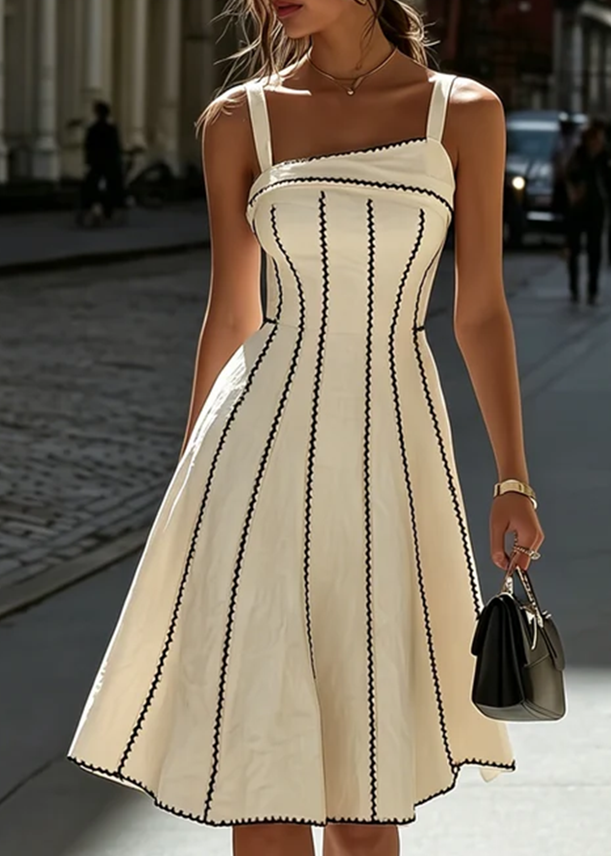 Elegant White Cami Midi Dress Black Stitch Design
