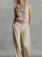 Beige Ruffle Sleeveless Top Wide Leg Pant Set