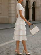 Round Neck Short Sleeve Tiered Cake Midi Dress Elegant Fit And Flare Work Dress