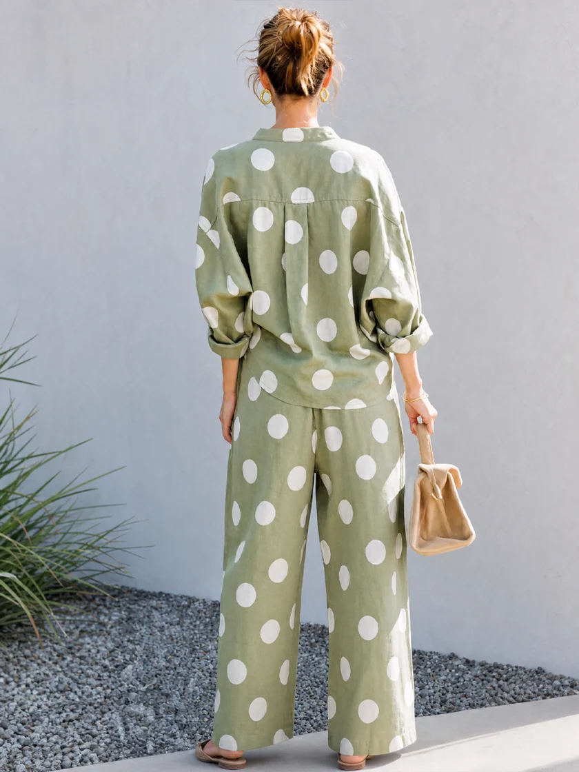 Green Polka Dot V Neck Loose Pant Casual Set