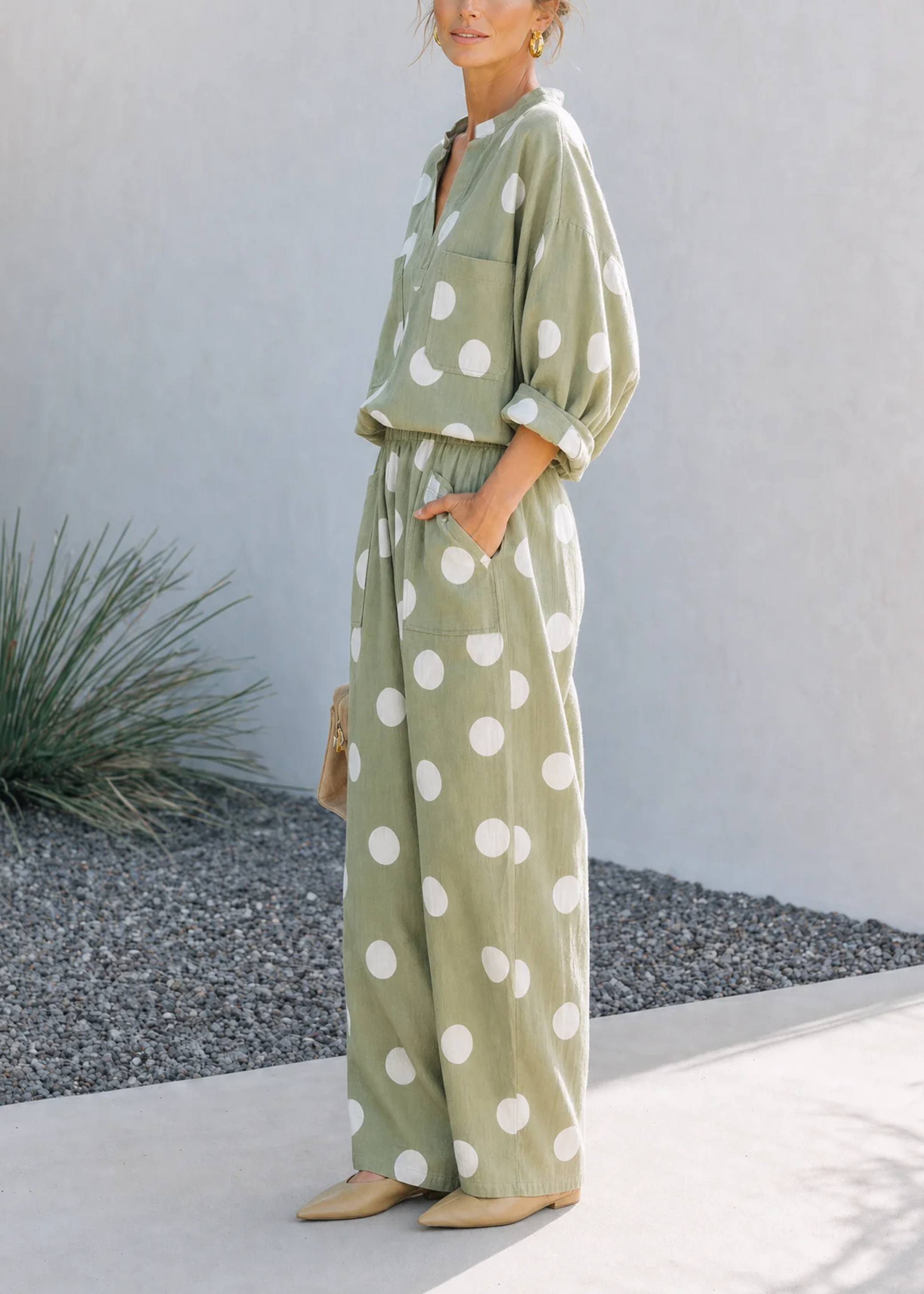 Green Polka Dot V Neck Loose Pant Casual Set