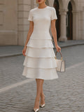 Round Neck Short Sleeve Tiered Cake Midi Dress Elegant Fit And Flare Work Dress