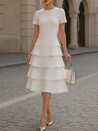 Round Neck Short Sleeve Tiered Cake Midi Dress Elegant Fit And Flare Work Dress
