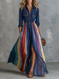 Navy Collar Colorful Rainbow Stripe Maxi Shirt Dress Elastic Waist Split Boho Long Dress