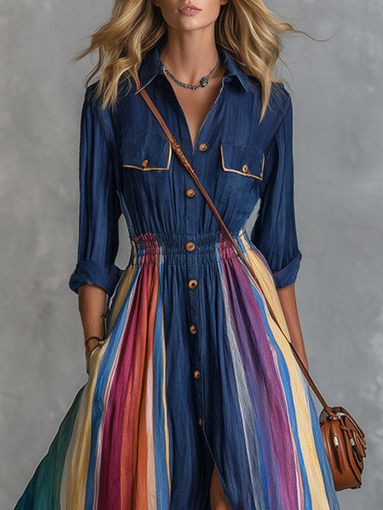 Navy Collar Colorful Rainbow Stripe Maxi Shirt Dress Elastic Waist Split Boho Long Dress