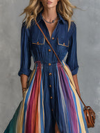 Navy Collar Colorful Rainbow Stripe Maxi Shirt Dress Elastic Waist Split Boho Long Dress