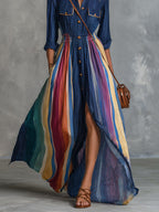 Navy Collar Colorful Rainbow Stripe Maxi Shirt Dress Elastic Waist Split Boho Long Dress