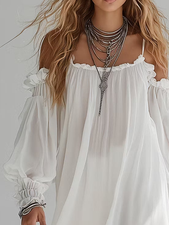 Flowing Bohemian Style Off The Shoulder Mini Dress