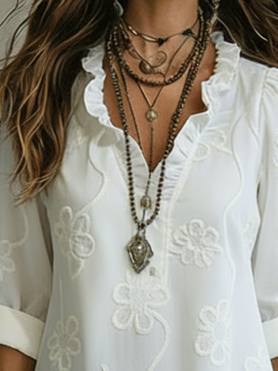 Elegant Floral Print Ruffled Collar Midi Dress