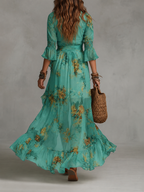 Grass Green Chiffon Irregular Ruffled Slit Maxi Dress
